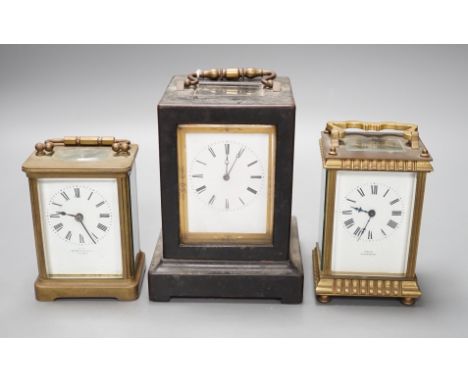 A mid 19th century French ebony veneered carriage clock, 16cm high with J. Cramp Horsham retailers label, a Mappin and Webb c