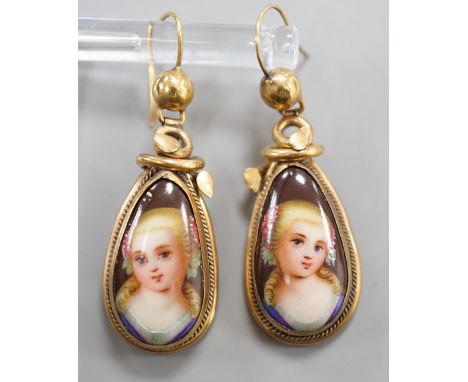 A pair of late Victorian pinchbeck and enamel drop earrings, each decorated with the bust of a lady, 34mm.