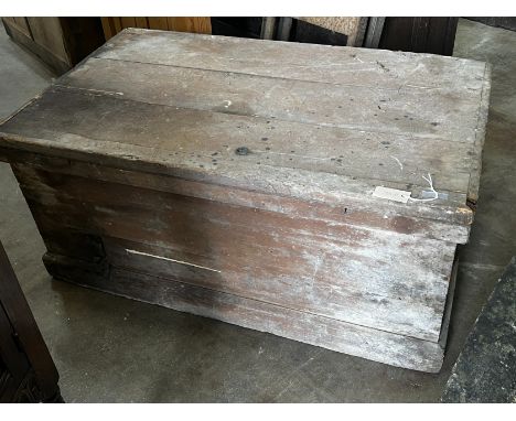 A large Victorian rectangular pine trunk, width 120cm depth 69cm height 53cm