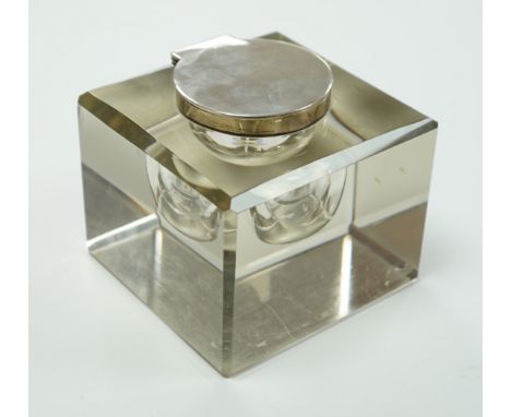A George V silver mounted glass square inkwell, John Grinsell &amp; Sons, Birmingham, 1925, width 10.1cm.