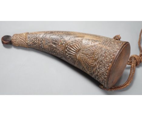 A 19th century horn flask carved with Masonic emblem, the name ‘James William Finn’ and the initials S.B. 20cm