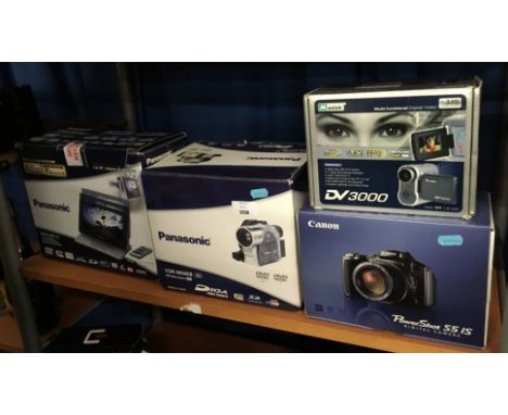 Panasonic portable DVD player together with a Canon PowerShot digital camera and 2 camcorders. [NO RESERVE]