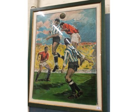 A large Spanish watercolour as a football poster by 'Ortega Valencia No 401', depicting footballers rising to head the ball, 