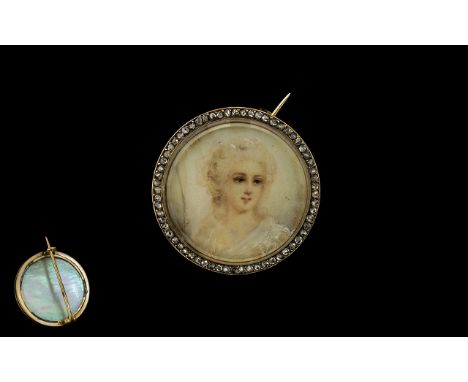 A Mid Victorian Period Superb 15ct Gold Diamond Set Mounted Round Brooch with Hand Painted Portrait Miniature of a Young Woma
