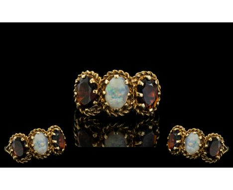 Ladies Attractive 9ct Gold - 3 Stone Opal and Garnet Set Ring, Ornate - Wired Setting. Fully Hallmarked for 9ct. Ring Size L.