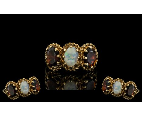 Ladies Attractive 9ct Gold - 3 Stone Opal and Garnet Set Ring, Ornate - Wired Setting. Fully Hallmarked for 9ct. Ring Size L.