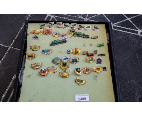 Collection of Tin Car Pins, approx. 50 in total, mainly car emblems plus four enamel bowling club badges.