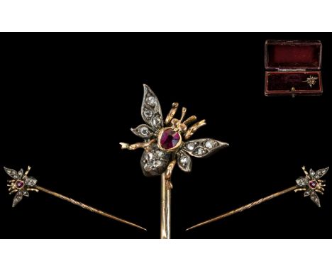 Antique Period - Scarce 18ct Gold Ruby and Rose Cut Diamond Set Insect Topped Stick Pan. Marked 18ct. Wonderful Piece of Anti