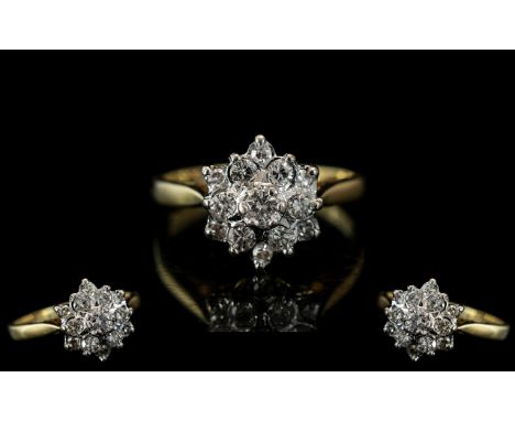 18ct Gold - Ladies Attractive Diamond Set Cluster Ring. Marked 750 - 18ct to Interior of Shank. The Diamonds of Good Colour a