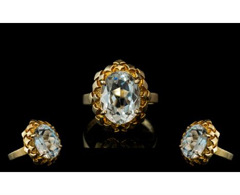 Ladies 9ct Gold Single Stone Aquamarine Dress Ring. Full Hallmark to Interior of Shank. The Aquamarine of Good Colour / Clari