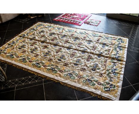 Beautiful Vintage Large Embroidered Spanish Tablecloth with original label, lovely vibrant design with gold fringing, measure