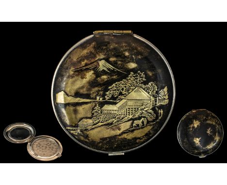 Superb Japanese - Early 20th Century Sterling Silver Niello Compact From the 1920's of Circular Form, With Images of Japanese