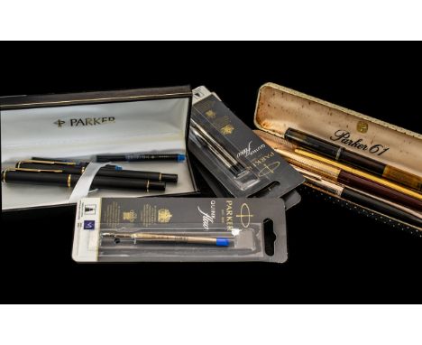 Collection of Pens, comprising Parker Rialto Matte set of fountain pen and roller ball set in a gift box with two ink refills