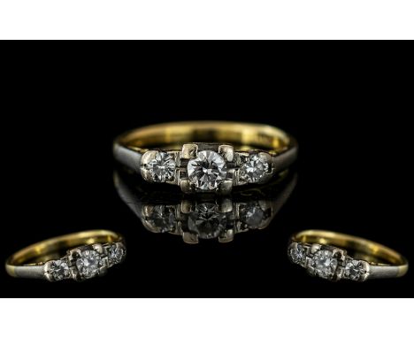 18ct Yellow Gold Attractive 3 Stone Diamond Set RIng. Marked 18ct to Interior of Shank. Good Setting. The 3 Brilliant Cut Dia