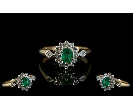 18ct Gold Exquisite Emerald and Diamond Set Cluster Ring, Flower head Design. The Central Emerald of Excellent Colour, Surrou