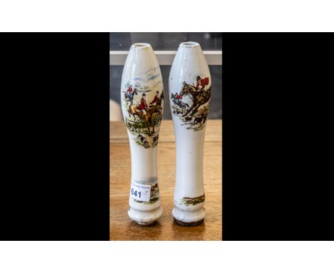 Two Ceramic Ale Handles, decorated with hunting scenes, 9'' tall.