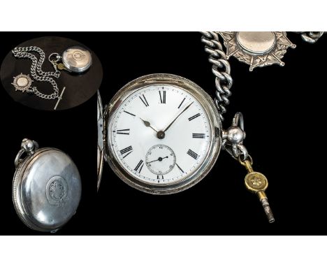 Late Victorian Period Sterling Silver Full Hunter Key-wind Pocket Watch, English Lever with Attached Quality Sterling Silver 
