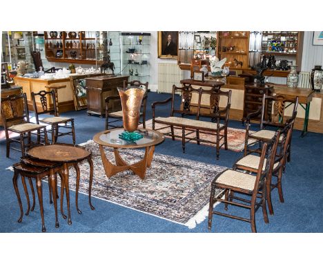 An Edwardian Salon/Parlour Suite, comprising a Settle measuring 38'' width, 18'' deep x 35'' tall, open elbow style with ring