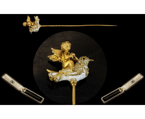 Georgian Period Superb Quality 18ct Gold Stick Pin. The Top Being the Figure of a Winged Putti, Riding a Dove of Peace. Not M