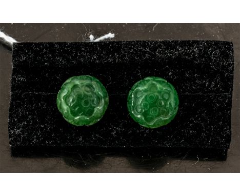 Carved Jade Lotus Flower Stud Earrings, the flower shown in a partly open stage, which has spiritual meaning relevant to Budd