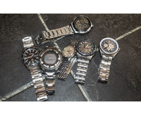 Collection of Seven Gentleman's Fashion Watches, all with chrome straps, comprising Accurist, Casio, Seiko, Omega, Citizen an