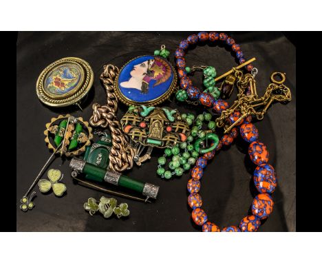 Collection of Precious Stone Jewellery, including Oriental necklace and brooches set with jade, a jade pendant, two enamel br