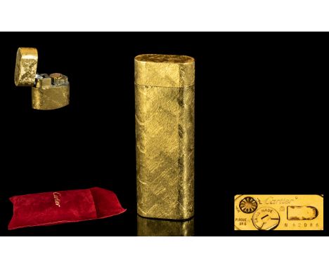 Cartier - Paris Deluxe 18ct Gold Plated Lighter. Serial No 62086. Complete Cartier Signed Red Leather Display Box and Pouch. 