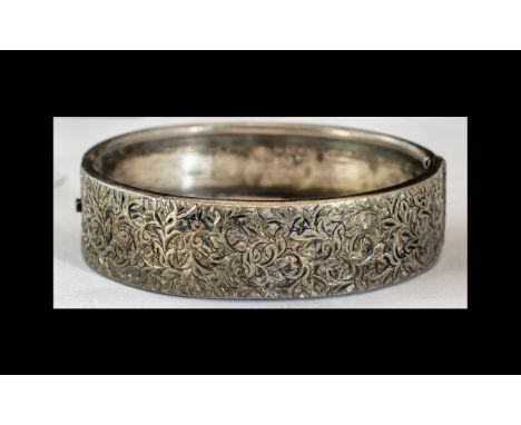 Solid Sterling Silver Victorian Revival Bangle/Bracelet, good quality vintage bangle.  Hand etched floral pattern.  