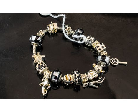 Pandora Style Charm Bracelet, in a Pandora box, filled with charms including dice, starfish, high heel shoes, hearts, etc.  P