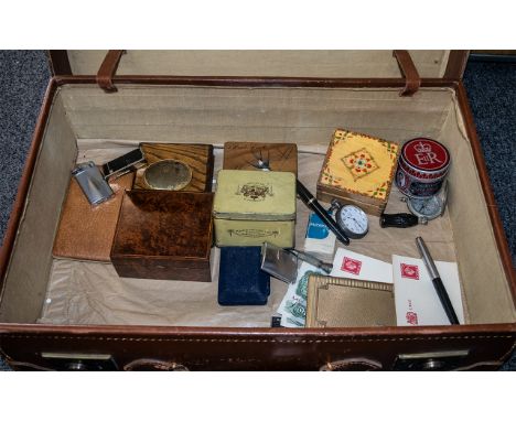 Suitcase of Collectible Items, comprising wooden stamp box with swallow design to lid, square painted wooden box, small woode