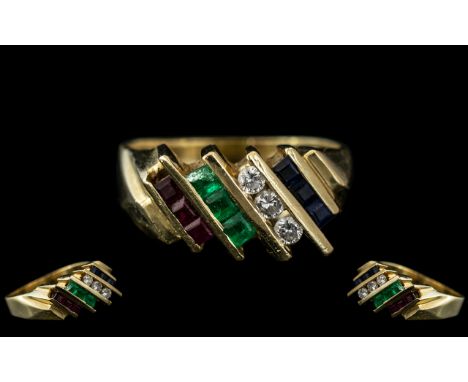 14ct Gold Ladies Attractive Multi-Stone Set Dress Ring, Excellent Design. Set In Rubies, Emeralds, Diamonds and Sapphires. Al