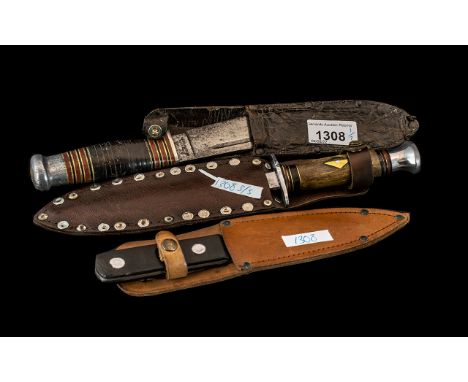 Three Vintage Sheathed Knives, comprising an 11" knife in a leather and studded sheath, a 9" knife in a tan leather sheath, a