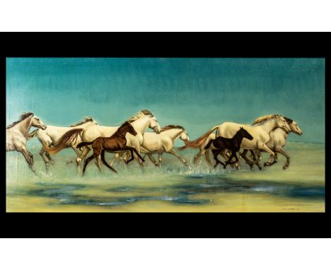John Berry (1920-2010) Oil on Canvas 'Running Free', measures 15" x 31" image size.  Panorama of wild horses running through 