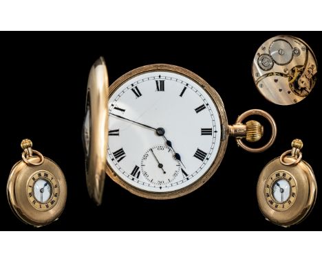 Swiss Made Keyless Good Quality 9ct Gold Demi-Hunter Pocket Watch, With White Enamel Dial, Subsidiary Dial, Black Numerals, J