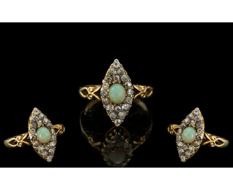 Antique Period - Attractive / Exquisite 18ct Gold Diamond and Opal Set Dress Ring. Marquise Shape, Ornate Shank. Full Hallmar