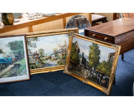 Collection of Three Paintings, comprising an oil painting of a market square, gilt framed, measures 34" x 24", an oil paintin