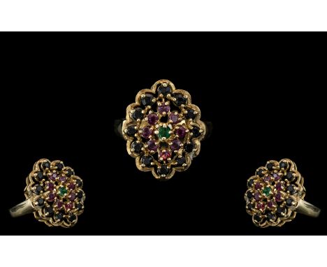 Ladies Attractive Designer 9ct Gold Emerald Sapphire and Ruby Stone SEt Cluster Ring full hallmark to interior fo shank Ring 
