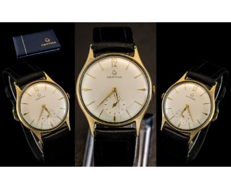 Certina 1960's Gents 9ct Gold Cased Mechanical Wrist Watch, With Attached Leather Watch Strap, With Original Earring Box, Pea