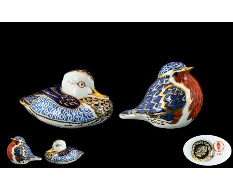Royal Crown Derby Pair of Hand Painted Ceramic Figural Paperweights. Comprises 1/ Robin, Gold Stopper, Date 1994. 2/ Duck, Go