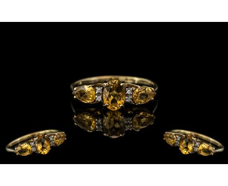 Ladies 9ct Gold Pleasing Citrine and Diamond Set Dress Ring full hallmark to interior lof shank The 3 citrines of good colour