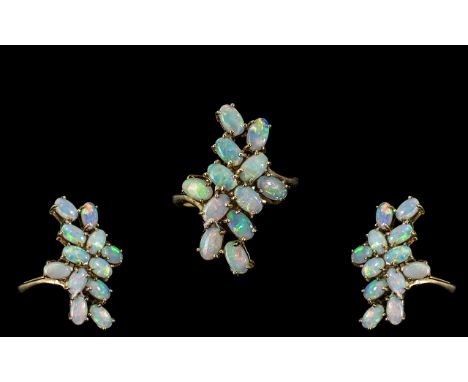 Ladies - Attractive 9ct Gold Multi Opal Set Ring. All Opals of Excellent Colour, Marked with Full Hallmark for 9ct. Ring Size