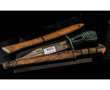 Collection of Three Knives, comprising an ethnic knife, a Japanese fishing knife, and a vintage bayonet.