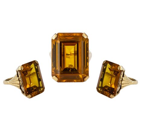 A Ladies - Superb Antique Period 9ct Gold Single Stone Orange Topaz Set - Dress Ring. The Large Step-Cut Topaz of Excellent C