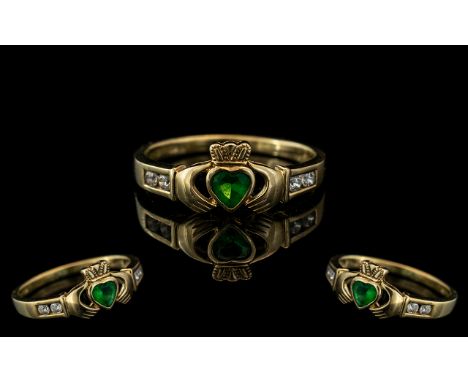 Ladies - Superb Quality and Pleasing 9ct Gold Coronet Ring, Set with Diamonds and Emerald. Full Hallmark for 9.375. The Heart