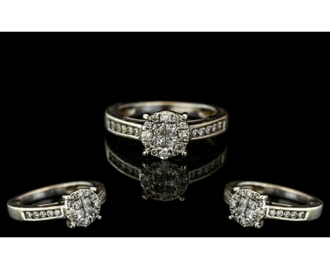 Ladies 9ct White Gold - Attractive Diamond Set Dress Ring. Full Hallmark to Interior of Shank. Excellent Diamonds In Colour a