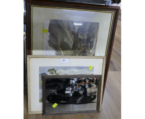 Mirror, print of Borrowdale, watercolour of Ennerdale signed T Mcleod and mirrored picture of motorcycle rider