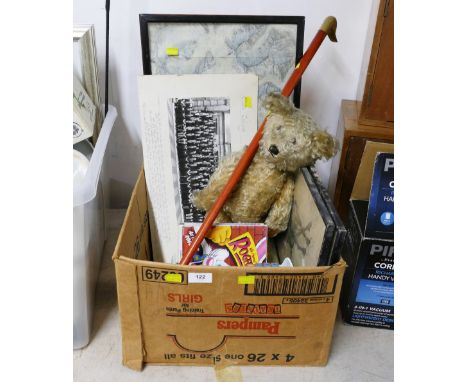 Vintage map, school picture of Claire College 1975, Teddy bear, walking stick, cassettes