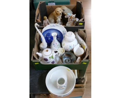 Two boxes of ceramics including Aynsley trinkets, animal figures and Poole pottery.