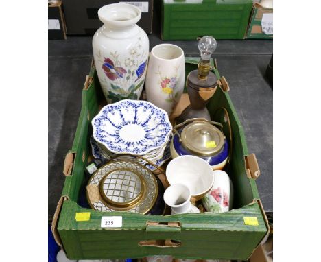 Painted glass vase, Radford vase, Coalport Bower blue and white plates, Egyptian handpainted biscuit barrel etc