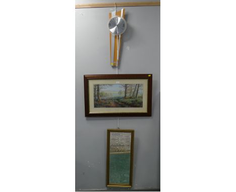Mid century style German AMS wall clock, rectangular mirror and a woodland scene print by Rex Preston